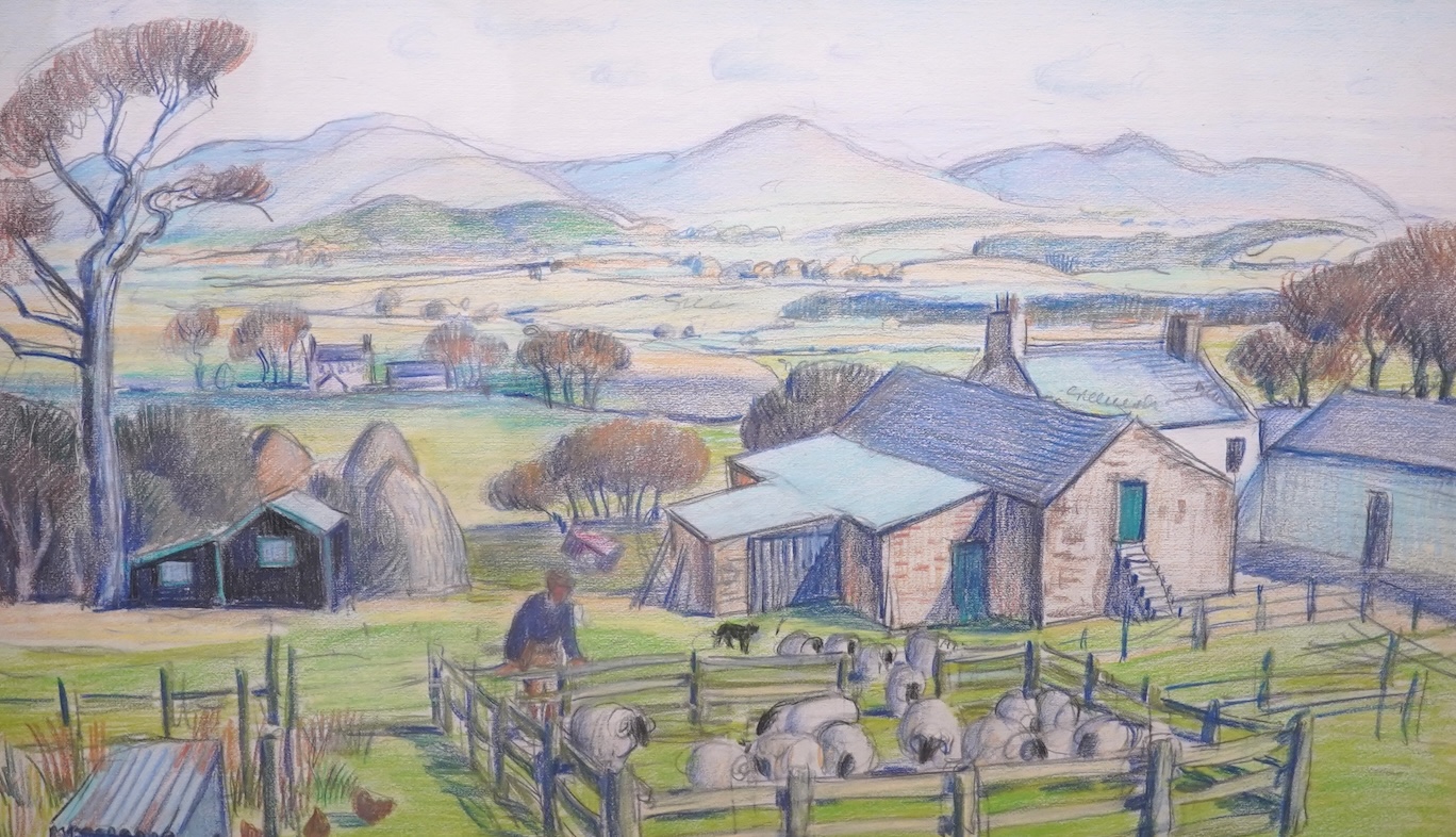 Adrian Paul Allinson ROI (1890-1959), coloured crayon, English landscape, together with a colour print, ‘Cotswold Pattern’, largest 31 x 53cm. Condition - fair to good